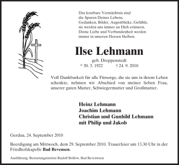 Traueranzeige von Ilse Lehmann von ALLGEMEINE ZEITUNG UELZEN