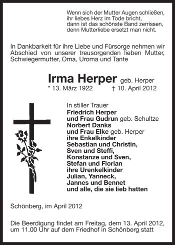 Traueranzeige von Irma Herper von ALLGEMEINE ZEITUNG UELZEN