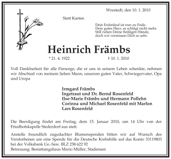 Traueranzeige von Heinrich Främbs von ALLGEMEINE ZEITUNG UELZEN