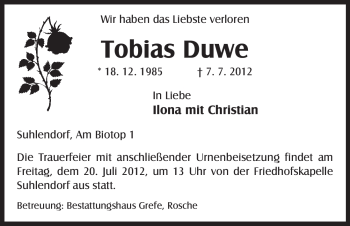 Traueranzeige von Tobias Duwe, von ALLGEMEINE ZEITUNG UELZEN
