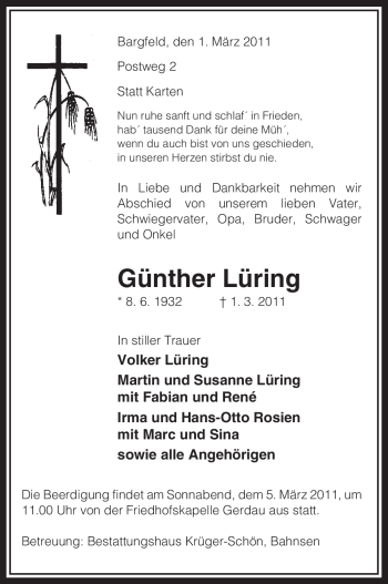 Traueranzeige von Günther Lüring von ALLGEMEINE ZEITUNG UELZEN