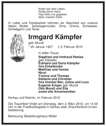 Traueranzeige von Irmgard Kämpfer von ALLGEMEINE ZEITUNG UELZEN