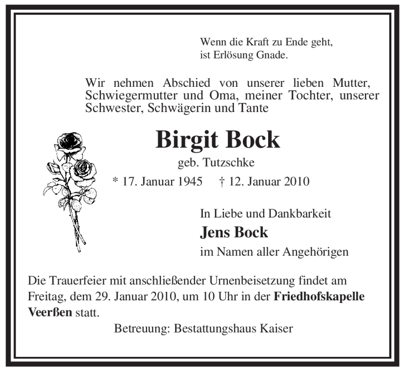  Traueranzeige für Birgit Bock vom 23.01.2010 aus ALLGEMEINE ZEITUNG UELZEN