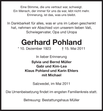 Traueranzeige von Gerhard Pohland von ALLGEMEINE ZEITUNG UELZEN