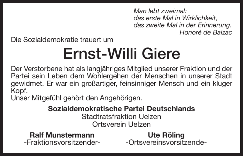  Traueranzeige für Ernst-Willi Giere vom 14.04.2011 aus ALLGEMEINE ZEITUNG UELZEN