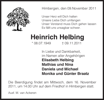 Traueranzeige von Heinrich Helbing von ALLGEMEINE ZEITUNG UELZEN