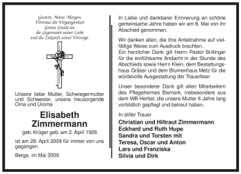 Traueranzeige von Elisabeth Zimmermann von ALLGEMEINE ZEITUNG UELZEN