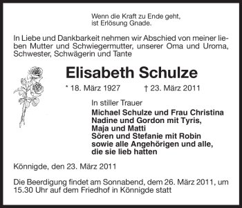 Traueranzeige von Elisabeth Schulze von ALLGEMEINE ZEITUNG UELZEN