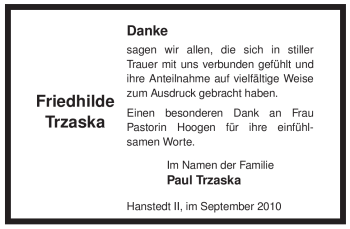 Traueranzeige von Friedhilde Trzaska von ALLGEMEINE ZEITUNG UELZEN