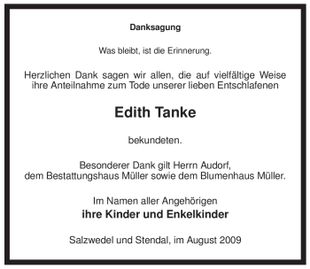 Traueranzeige von Edith Tanke von ALLGEMEINE ZEITUNG UELZEN