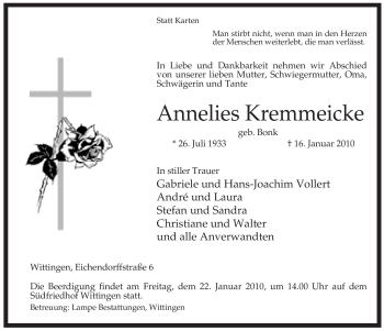 Traueranzeige von Annelies Kremmeicke von ALLGEMEINE ZEITUNG UELZEN