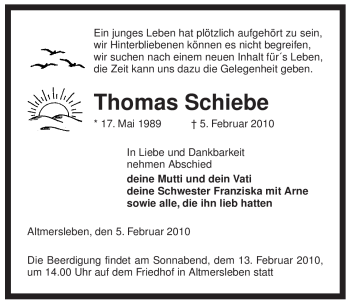 Traueranzeige von Thomas Schiebe von ALLGEMEINE ZEITUNG UELZEN