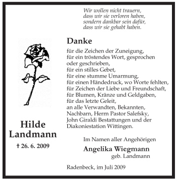 Traueranzeige von Hilde Landmann von ALLGEMEINE ZEITUNG UELZEN