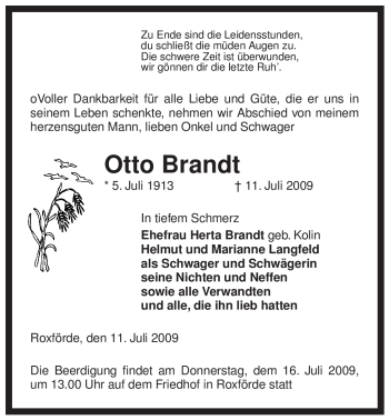 Traueranzeige von Otto Brandt von ALLGEMEINE ZEITUNG UELZEN