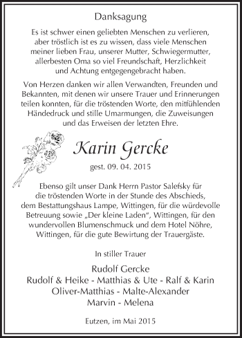 Traueranzeige von Karin Gercke von Uelzen