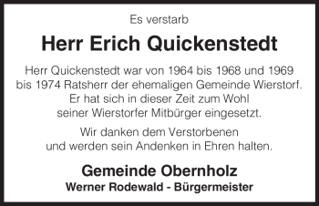 Traueranzeige von Erich Quickenstedt von ALLGEMEINE ZEITUNG UELZEN