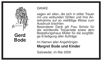 Traueranzeige von Gerd Bode von ALLGEMEINE ZEITUNG UELZEN