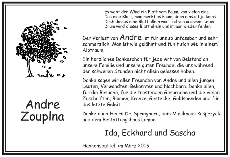  Traueranzeige für Andre Zouplna vom 21.03.2009 aus ALLGEMEINE ZEITUNG UELZEN