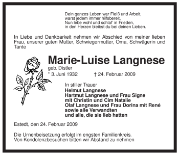 Traueranzeige von Marie-Luise Langnese von ALLGEMEINE ZEITUNG UELZEN