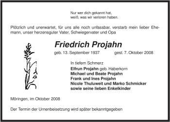 Traueranzeige von Friedrich Projahn von ALLGEMEINE ZEITUNG UELZEN