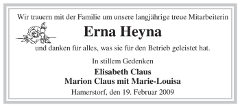 Traueranzeige von Erna Heyna von ALLGEMEINE ZEITUNG UELZEN