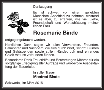 Traueranzeige von Rosemarie Binde von Uelzen