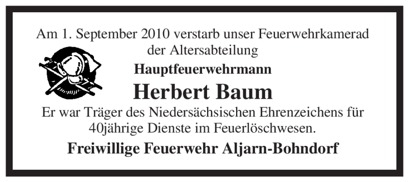  Traueranzeige für Herbert Baum vom 04.09.2010 aus ALLGEMEINE ZEITUNG UELZEN