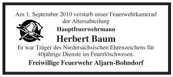 Traueranzeige von Herbert Baum von ALLGEMEINE ZEITUNG UELZEN