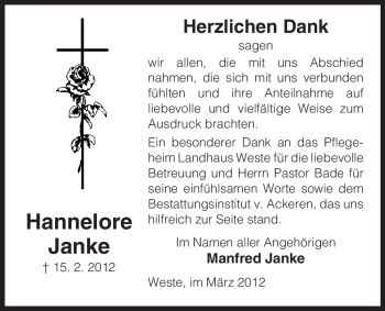 Traueranzeige von Hannelore Janke von ALLGEMEINE ZEITUNG UELZEN