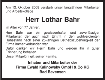 Traueranzeige von Lothar Bahr von ALLGEMEINE ZEITUNG UELZEN