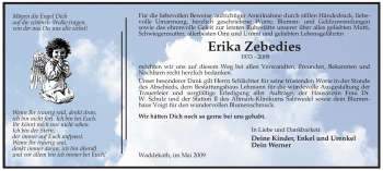 Traueranzeige von Erika Zebedies von ALLGEMEINE ZEITUNG UELZEN