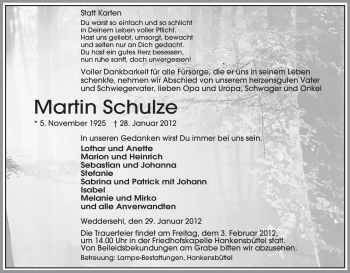 Traueranzeige von Martin Schulze von ALLGEMEINE ZEITUNG UELZEN