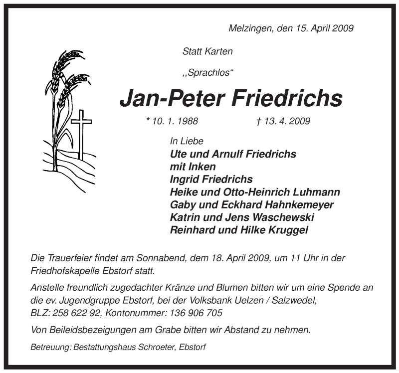  Traueranzeige für Jan-Peter Friedrichs vom 15.04.2009 aus ALLGEMEINE ZEITUNG UELZEN