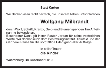 Traueranzeige von Wolfgang Milbrandt von ALLGEMEINE ZEITUNG UELZEN