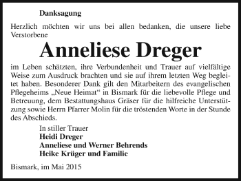 Traueranzeige von Anneliese Dreger von Uelzen