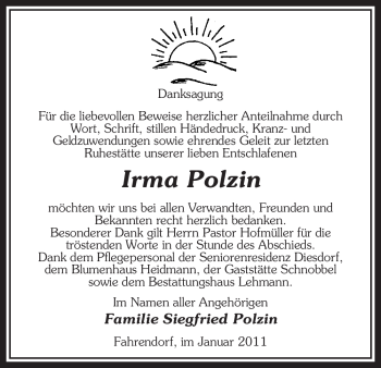 Traueranzeige von Irma Polzin von ALLGEMEINE ZEITUNG UELZEN