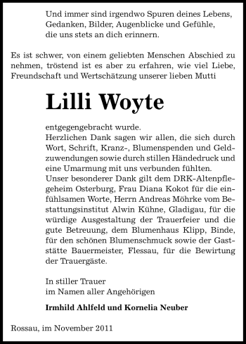 Traueranzeige von Lilli Woyte von ALLGEMEINE ZEITUNG UELZEN