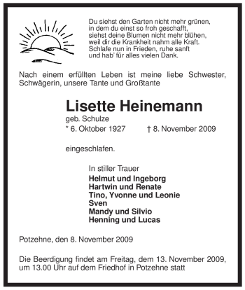 Traueranzeige von Lisette Heinemann von ALLGEMEINE ZEITUNG UELZEN