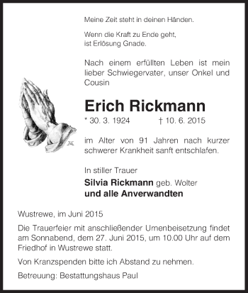 Traueranzeige von Erich Rickmann von Uelzen