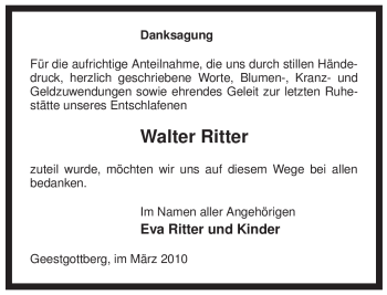 Traueranzeige von Walter Ritter von ALLGEMEINE ZEITUNG UELZEN