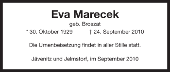 Traueranzeige von Eva Marecek von ALLGEMEINE ZEITUNG UELZEN