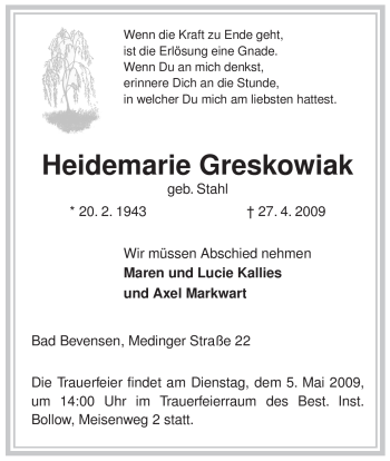 Traueranzeige von Heidemarie Greskowiak von ALLGEMEINE ZEITUNG UELZEN