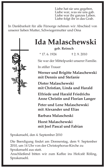 Traueranzeige von Ida Malaschewski von ALLGEMEINE ZEITUNG UELZEN