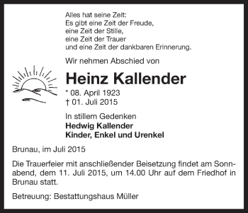 Traueranzeige von Heinz Kallender von Uelzen