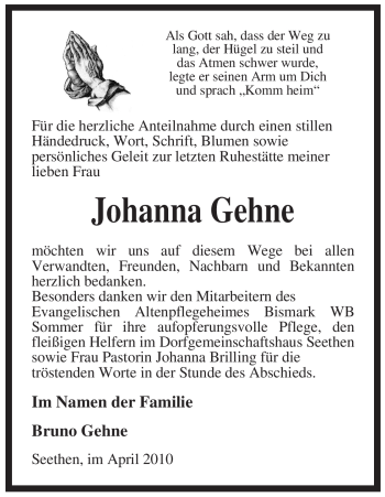 Traueranzeige von Johanna Gehne von ALLGEMEINE ZEITUNG UELZEN