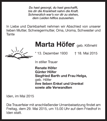 Traueranzeige von Marta Höfer von Uelzen