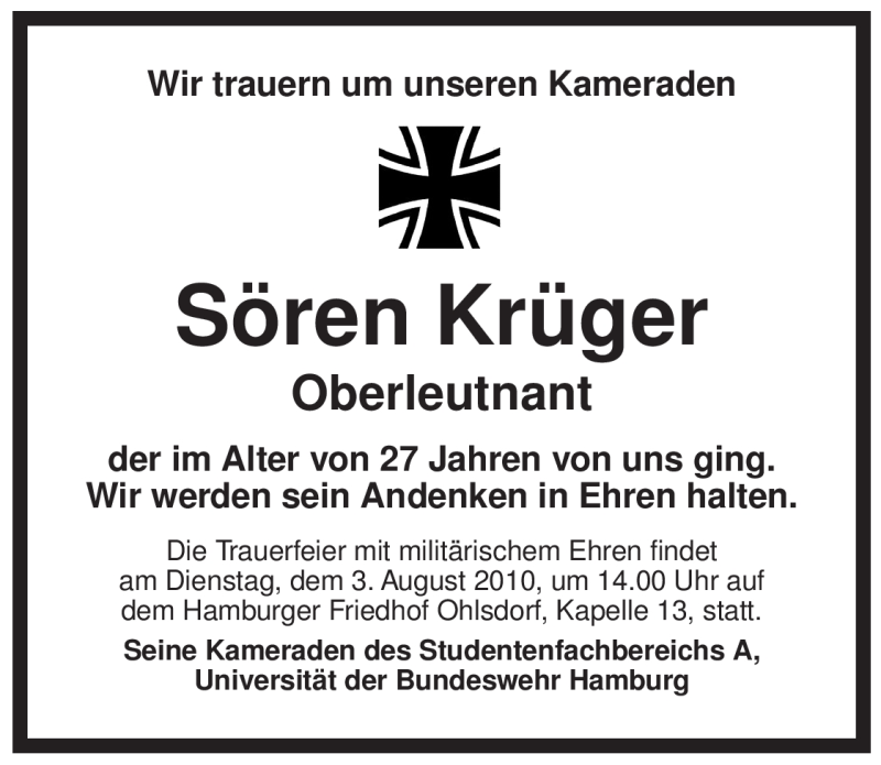  Traueranzeige für Sören Krüger vom 31.07.2010 aus ALLGEMEINE ZEITUNG UELZEN