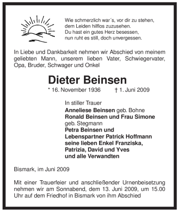 Traueranzeige von Dieter Beinsen von ALLGEMEINE ZEITUNG UELZEN