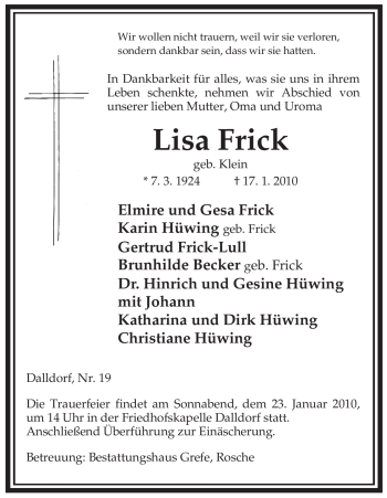 Traueranzeige von Lisa Frick von ALLGEMEINE ZEITUNG UELZEN