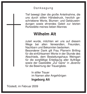 Traueranzeige von Wilhelm Alt von ALLGEMEINE ZEITUNG UELZEN